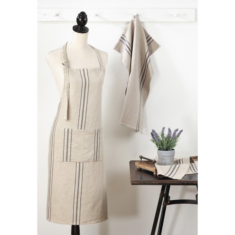 Natural Solid Color w Grey Strip Stripe 100% Linen Apron, 28" x 35" Front Pocket